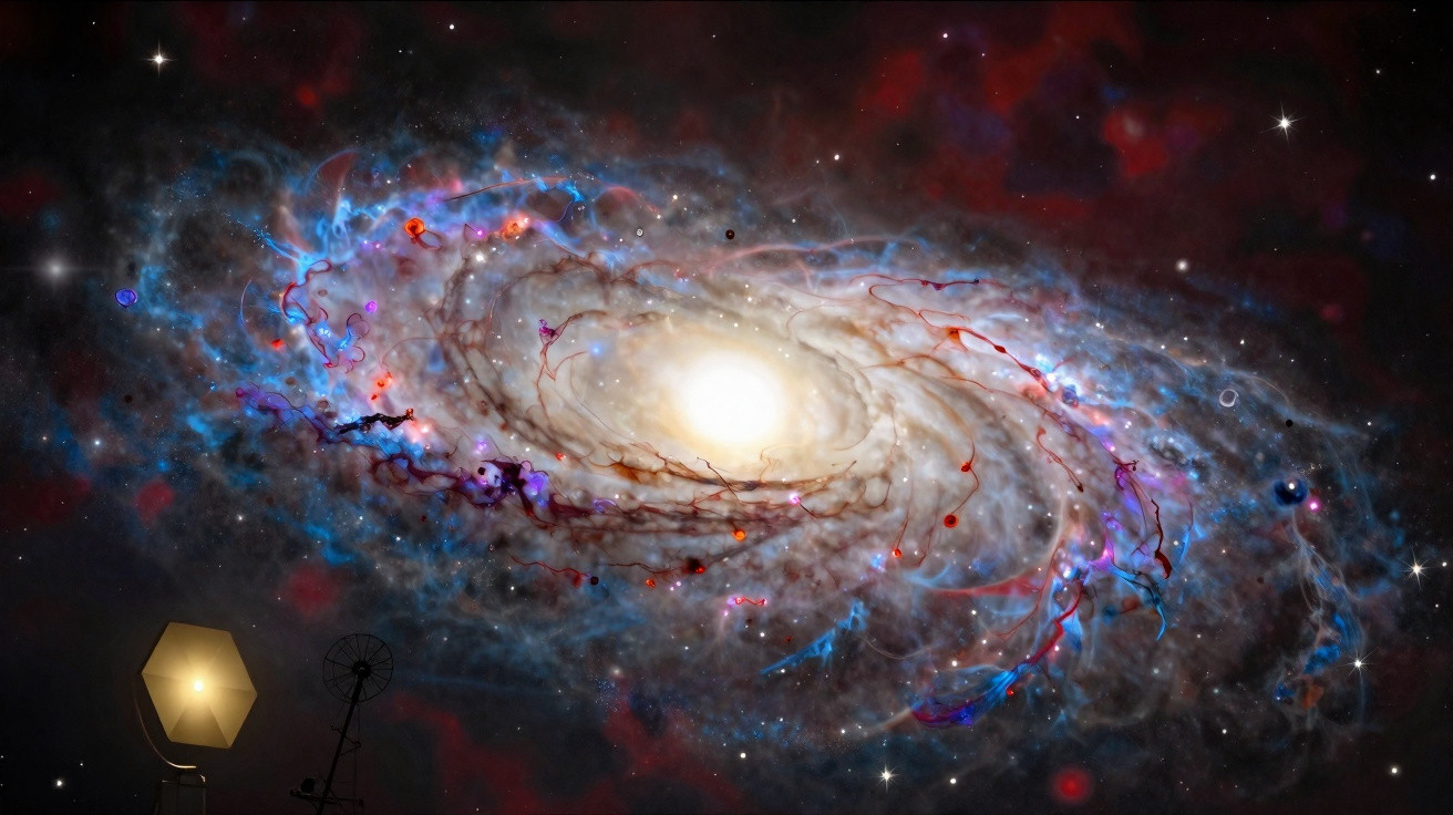 Galáxia espiral colorida com núcleo brilhante e detalhes em azul, vermelho e roxo no espaço estrelado.