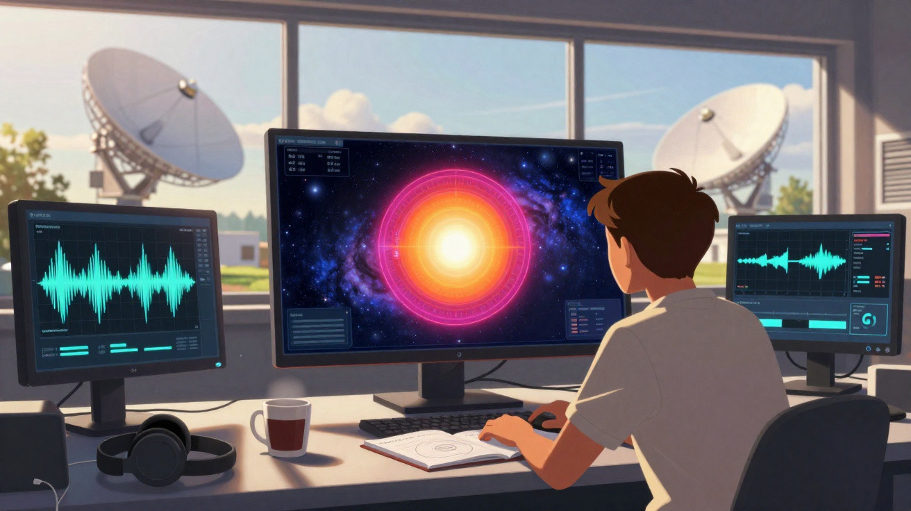 Pessoa em estação espacial observa gráficos de ondas sonoras e imagem de estrela em três monitores.