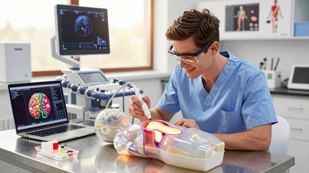 Profissional de saúde em azul usando óculos de proteção analisa modelo anatômico com dispositivo eletrônico.