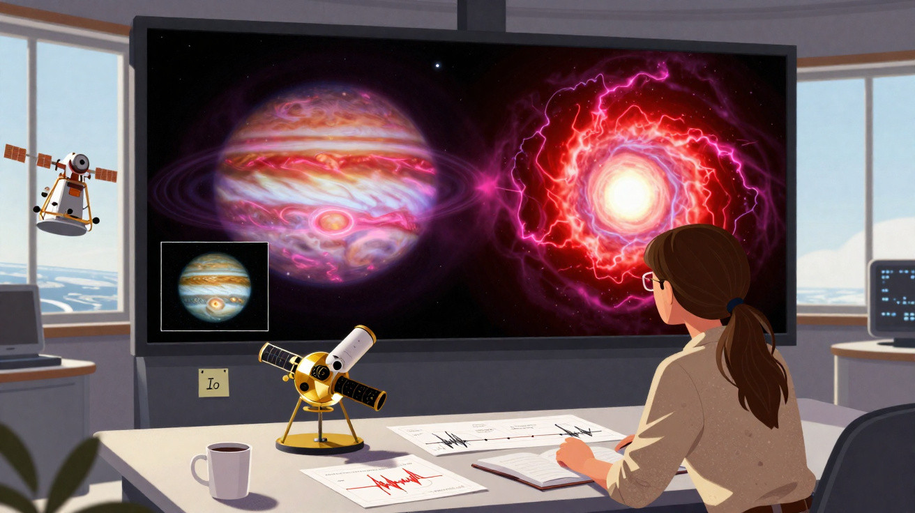 Pessoa observando imagens de planetas e fenômenos espaciais em uma tela grande em laboratório.
