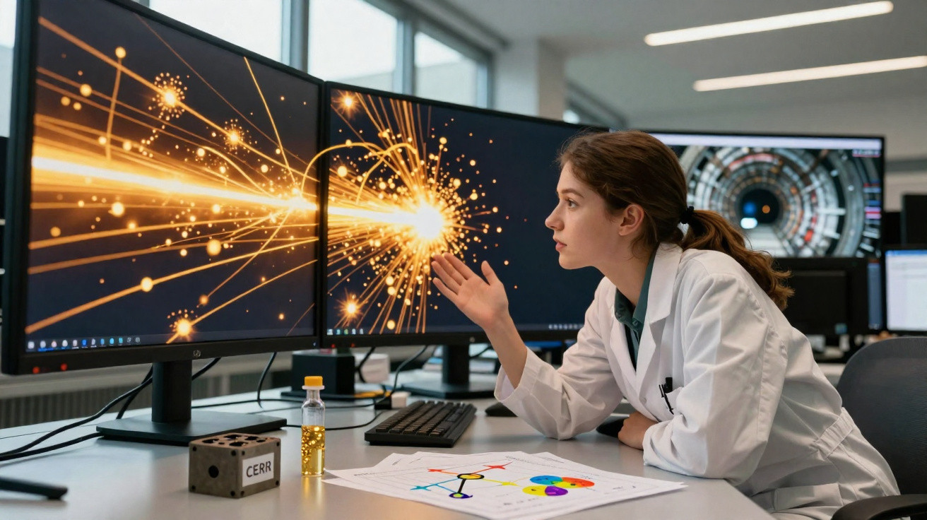 Mulher cientista em laboratório analisando simulação digital de partículas em telas de computador.