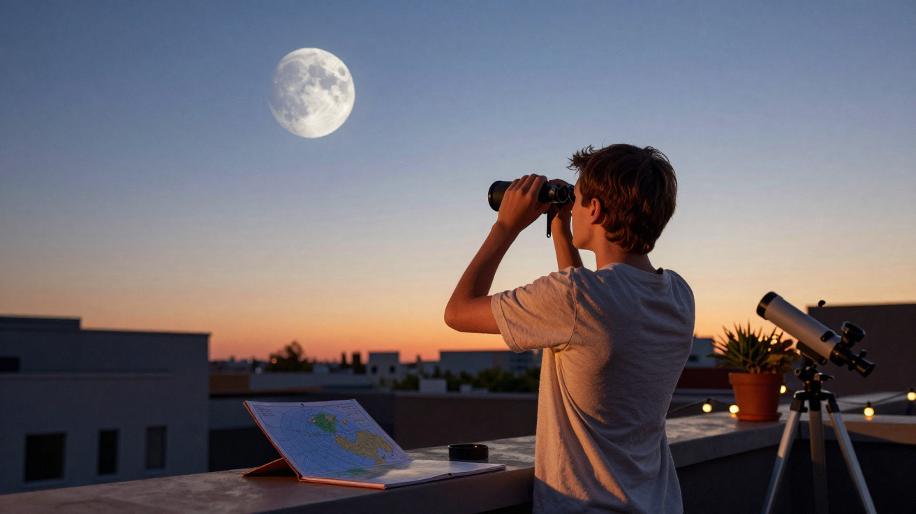 Jovem observa a lua com binóculo ao entardecer em um terraço com mapa e telescópio.
