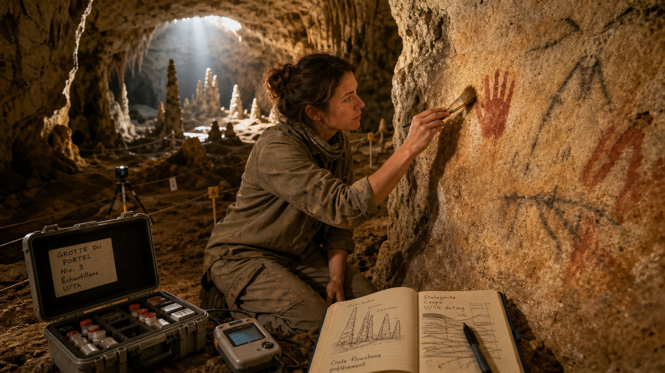 Pesquisadora estuda arte rupestre em caverna iluminada por luz natural, com equipamentos e anotações ao redor.