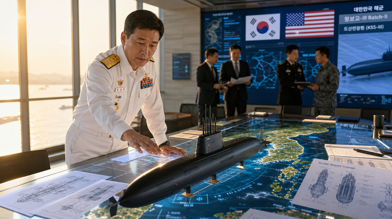 Oficial naval observa modelo de submarino em mesa iluminada com mapa e plantas técnicas ao fundo.