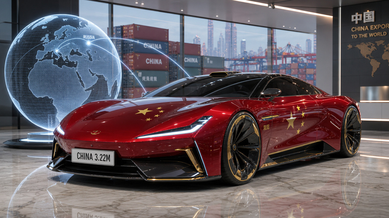 Carro esportivo vermelho com bandeira da China em showroom iluminado e globo digital ao fundo.