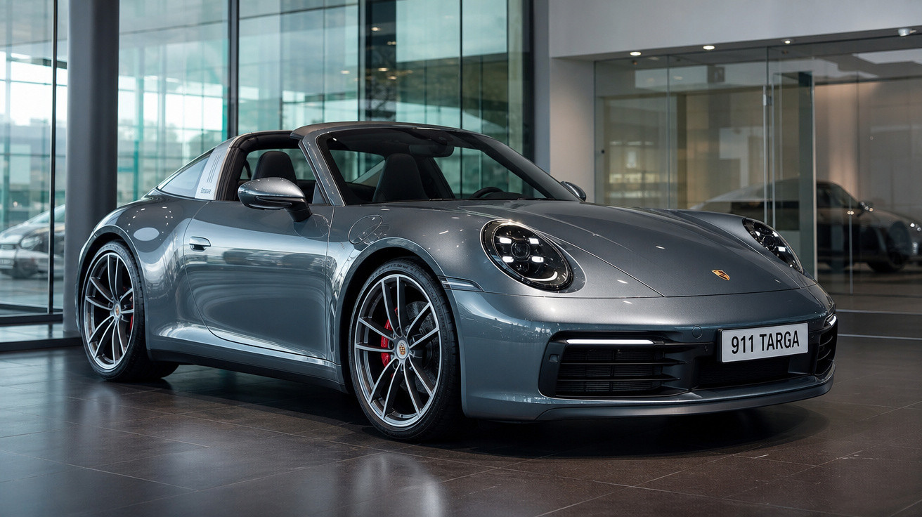 Carro esportivo Porsche 911 Targa cinza estacionado em showroom moderno com piso brilhante.