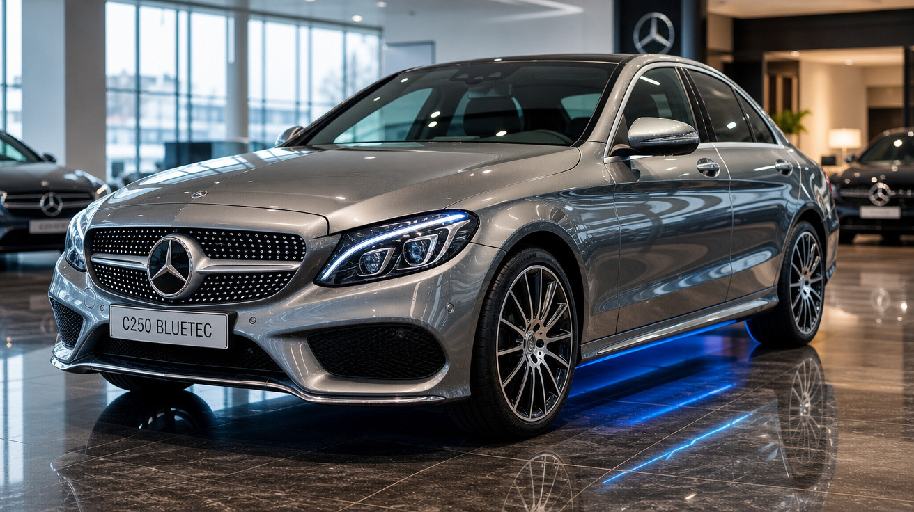 Carro prata Mercedes-Benz C250 Bluetec exibido em showroom com iluminação moderna azul no piso.