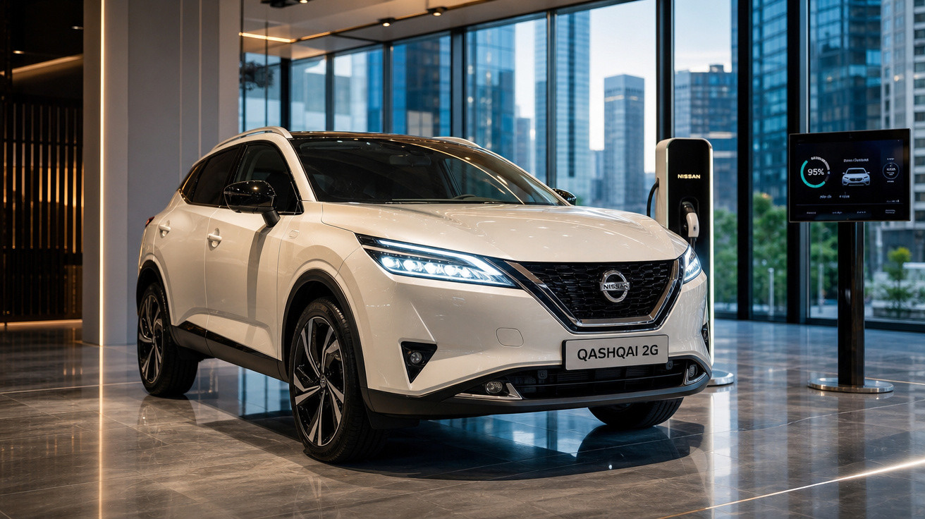 Carro elétrico branco Nissan Qashqai 2G estacionado em showroom moderno com vidro e painel digital.