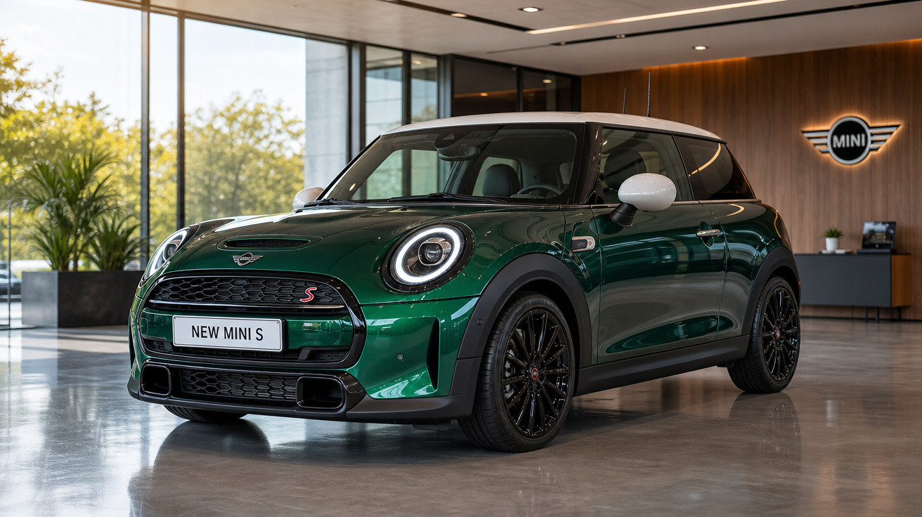 Carro MINI S verde com teto branco em showroom moderno com piso espelhado e decoração em madeira.