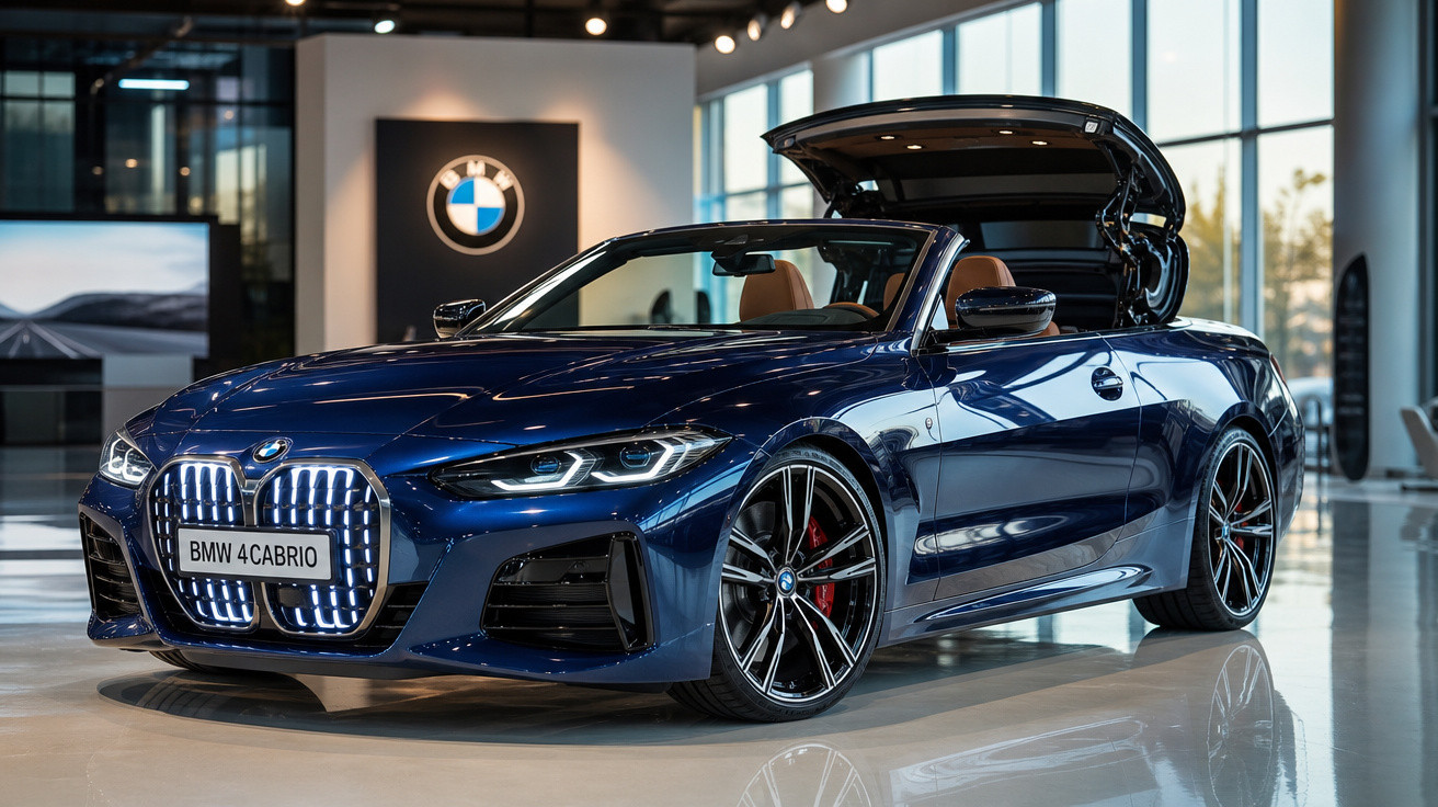 Carro conversível BMW 4 Cabrio azul moderno em showroom com teto metálico retrátil aberto.