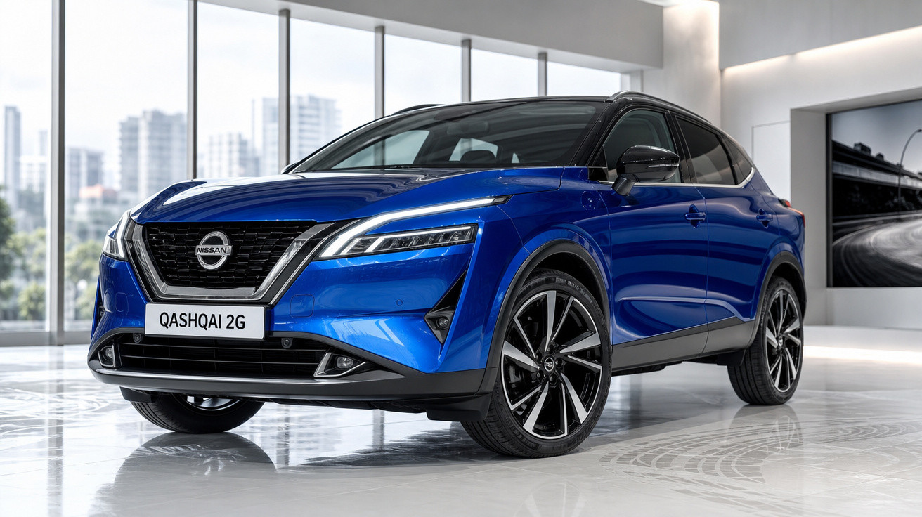 Carro SUV Nissan Qashqai 2G azul brilhante em showroom moderno com piso branco e janelas grandes.
