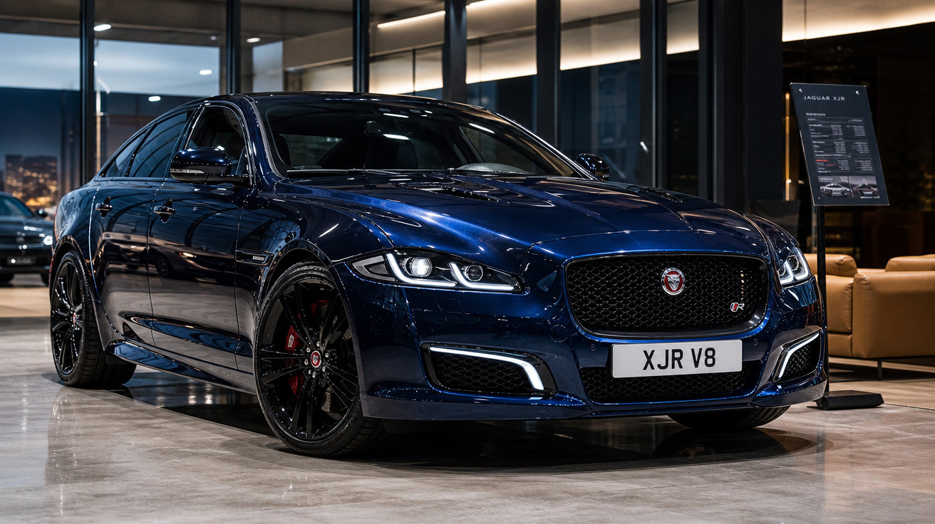 Carro de luxo Jaguar XJR V8 azul exibido em showroom com piso brilhante e iluminação interna.