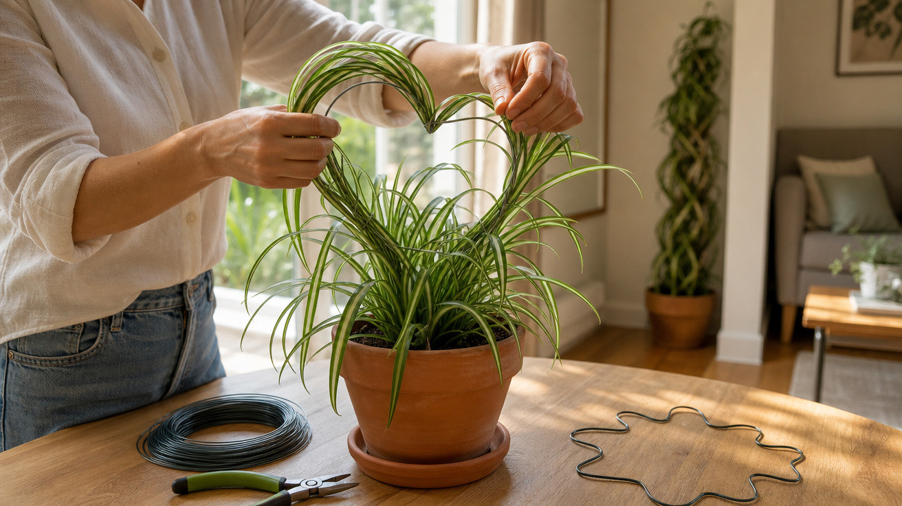 Pessoa moldando planta em vaso em forma de coração com arame em ambiente doméstico iluminado.