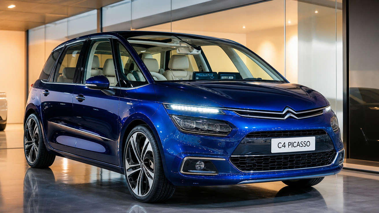 Carro Citroën C4 Picasso azul, moderno, exibido em ambiente interno com chão espelhado.