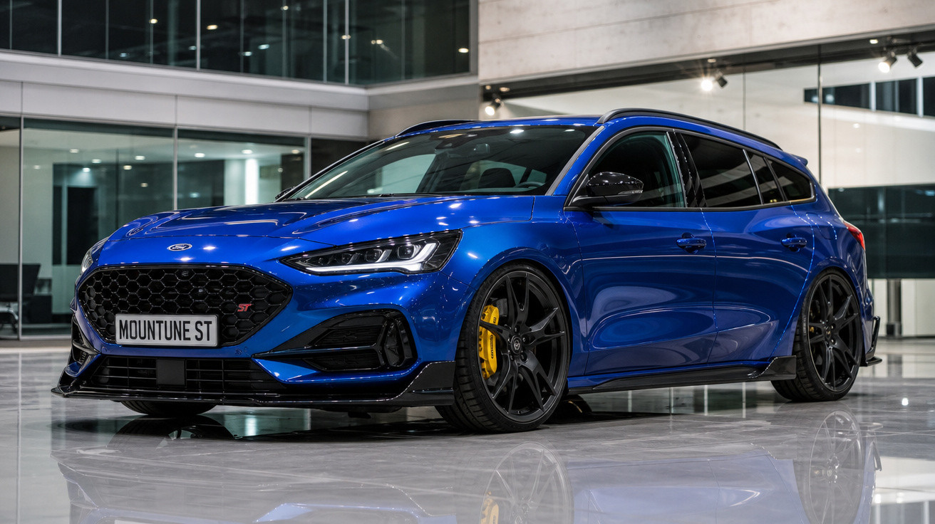 Carro esportivo Ford azul com rodas pretas e freios amarelos estacionado em ambiente interno moderno.