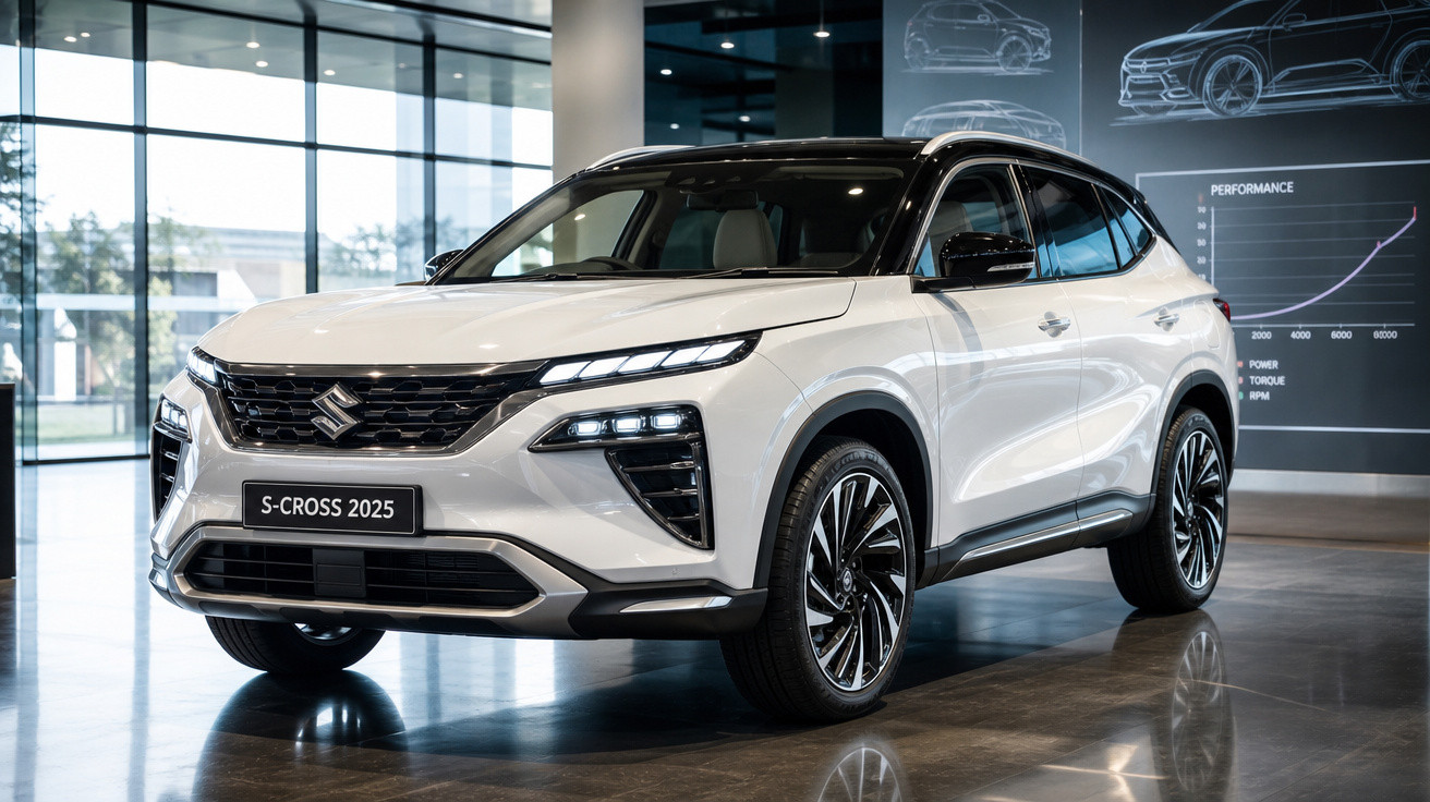 SUV Suzuki S-Cross 2025 branco exibido em showroom moderno com iluminação natural.