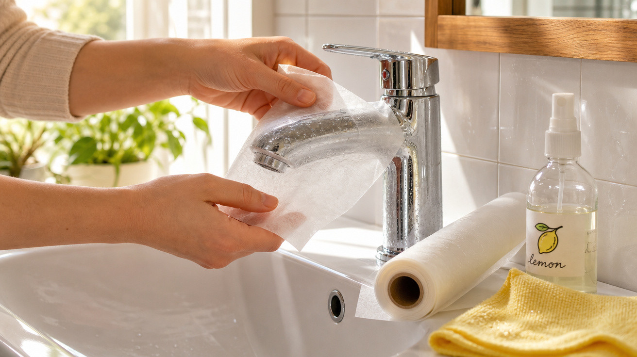 Mãos segurando pano branco para limpar torneira cromada na pia de banheiro com produtos de limpeza ao lado.