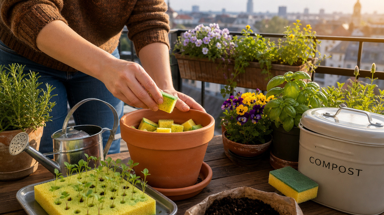 Pessoa plantando em esponjas dentro de vaso em varanda com várias plantas e utensílios de jardinagem.