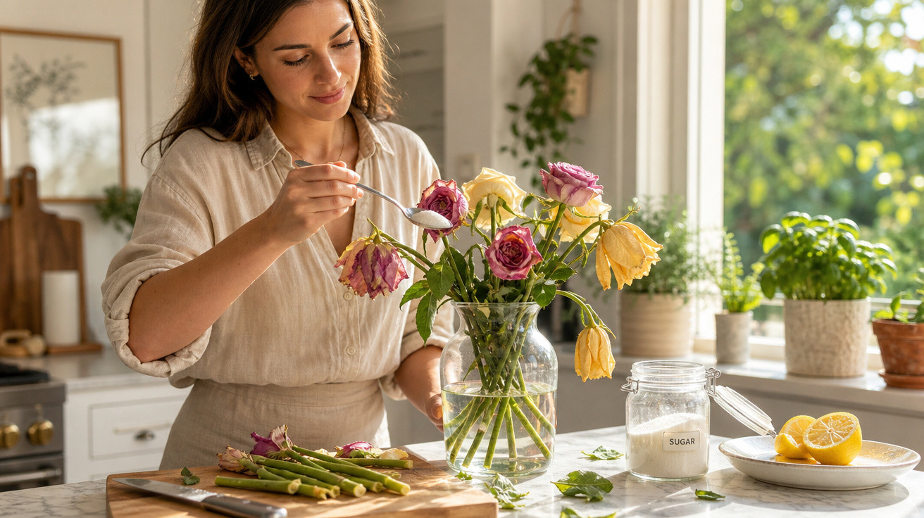 Mulher cuidando de flores murchas em vaso na cozinha iluminada, com utensílios e limões na bancada.