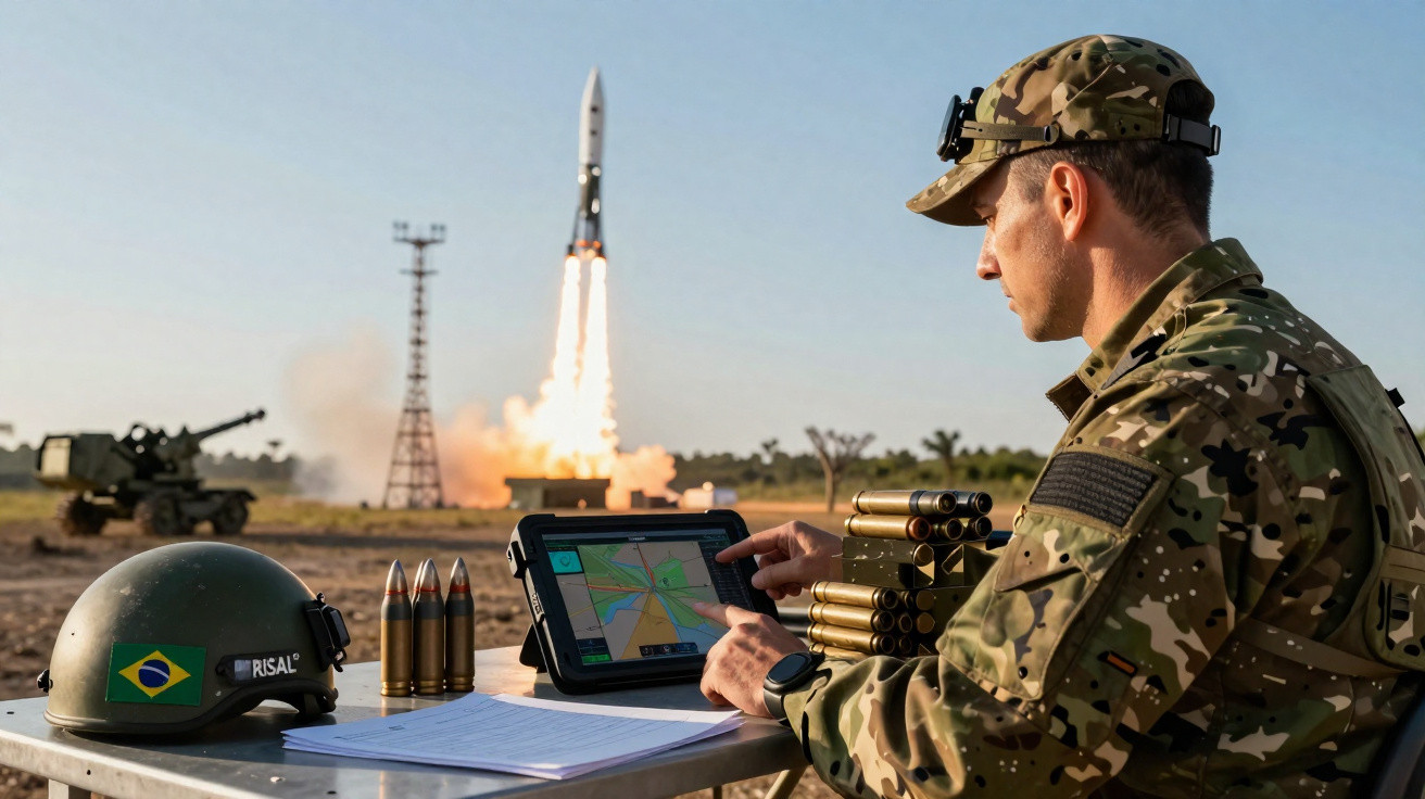 Soldado brasileiro operando tablet com foguete lançando ao fundo e equipamentos militares em mesa.