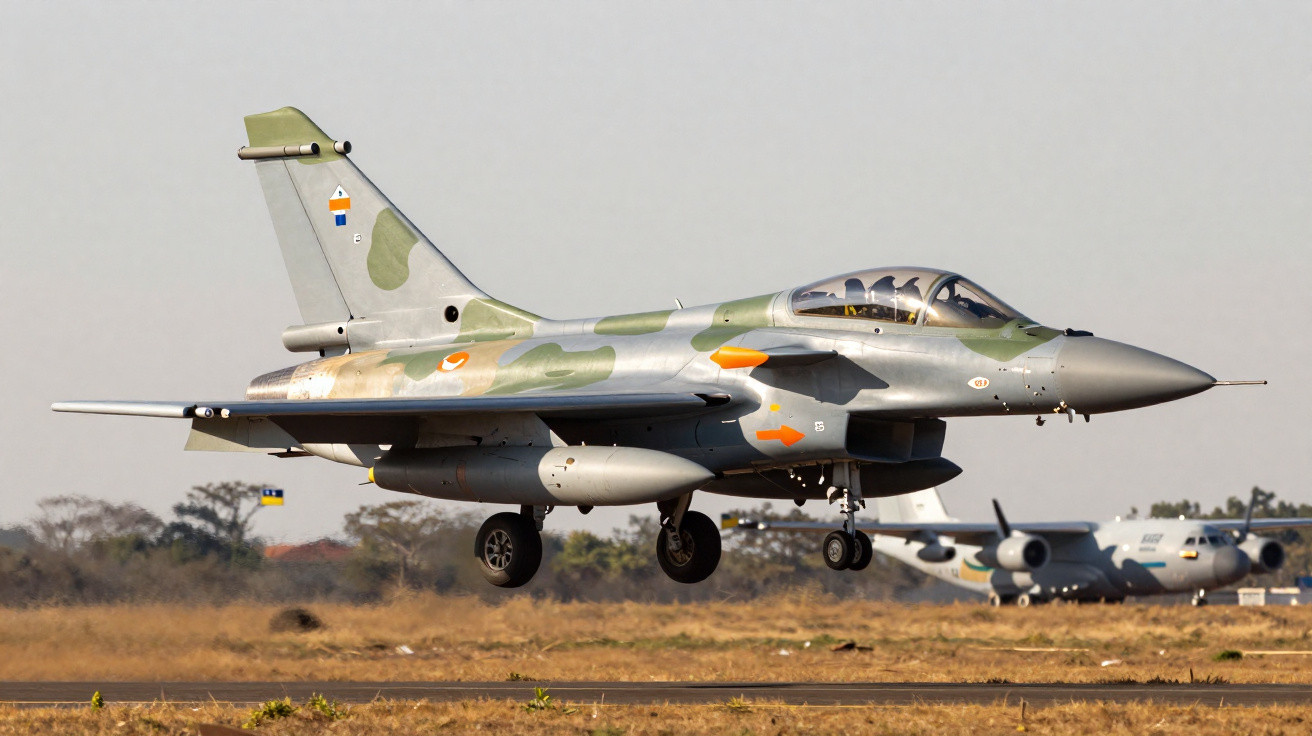 Avião de caça da Força Aérea Brasileira em pouso com caminhões e outra aeronave no fundo.