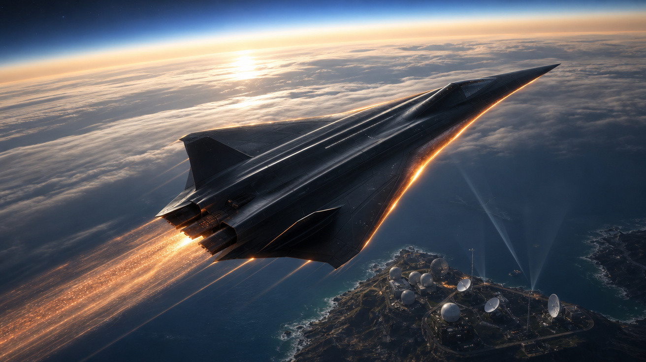 Avião futurista preto voando alto sobre as nuvens com motores emitindo chamas e satélites na terra abaixo.
