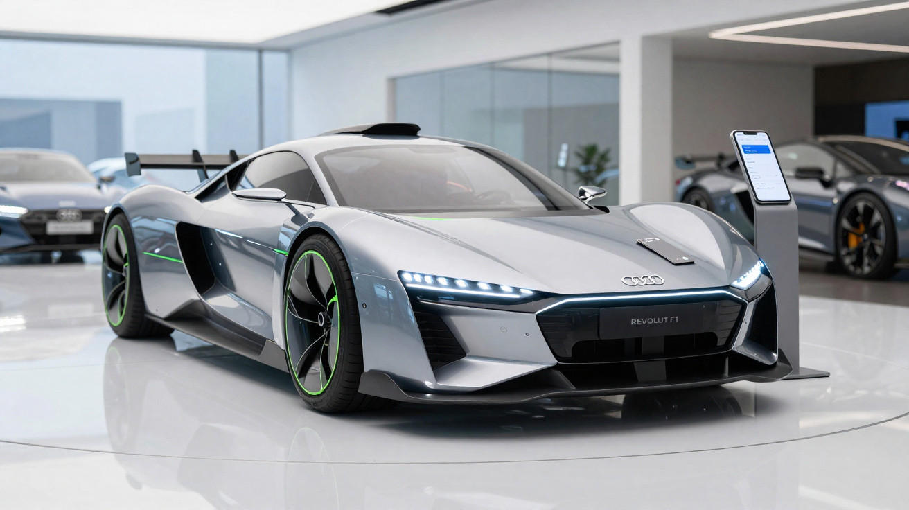 Carro esportivo Audi Revolt F1 cinza prateado exibido em sala de exposição moderna.