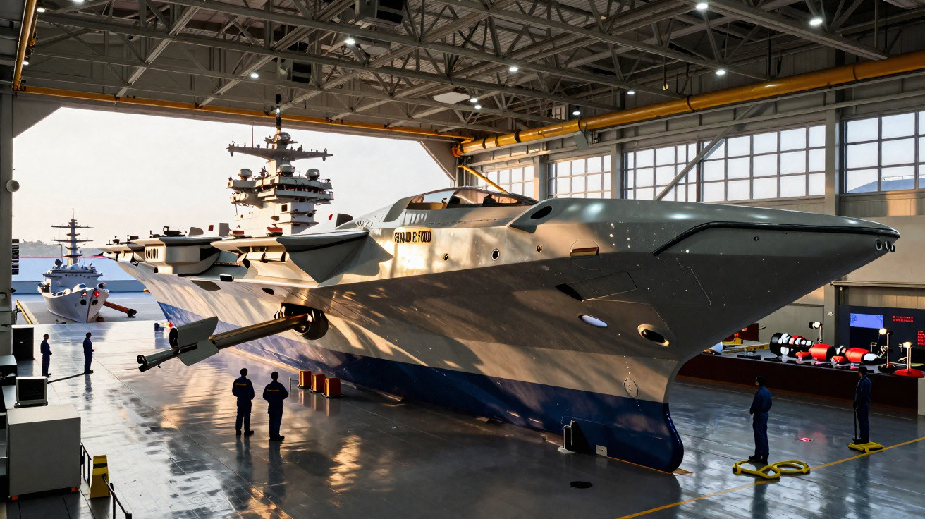Navio de guerra moderno em hangar com tripulantes ao redor realizando inspeção ou manutenção.