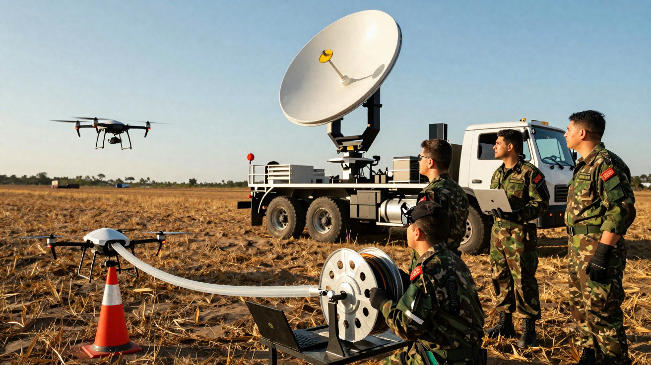 Militares em campo operam drones e equipamentos de comunicação com antena parabólica móvel durante o dia.