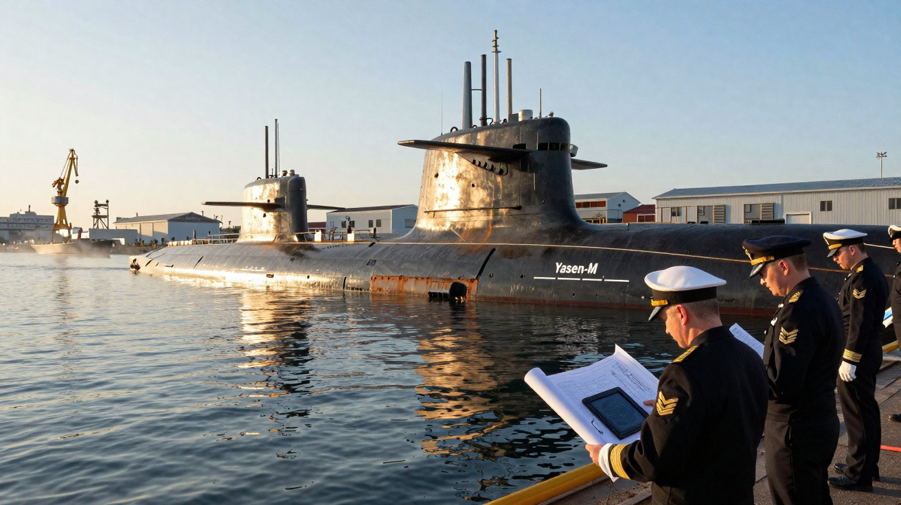 Submarino Yasen-M atracado enquanto marinha observa documentos no cais durante o entardecer.