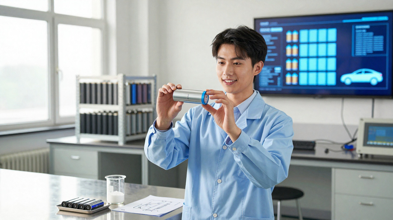 Jovem cientista em laboratório segurando uma célula de bateria e analisando seu funcionamento.