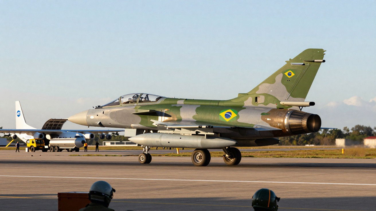 Avião de caça com camuflagem verde e cinza da Força Aérea Brasileira em pista de aeroporto.
