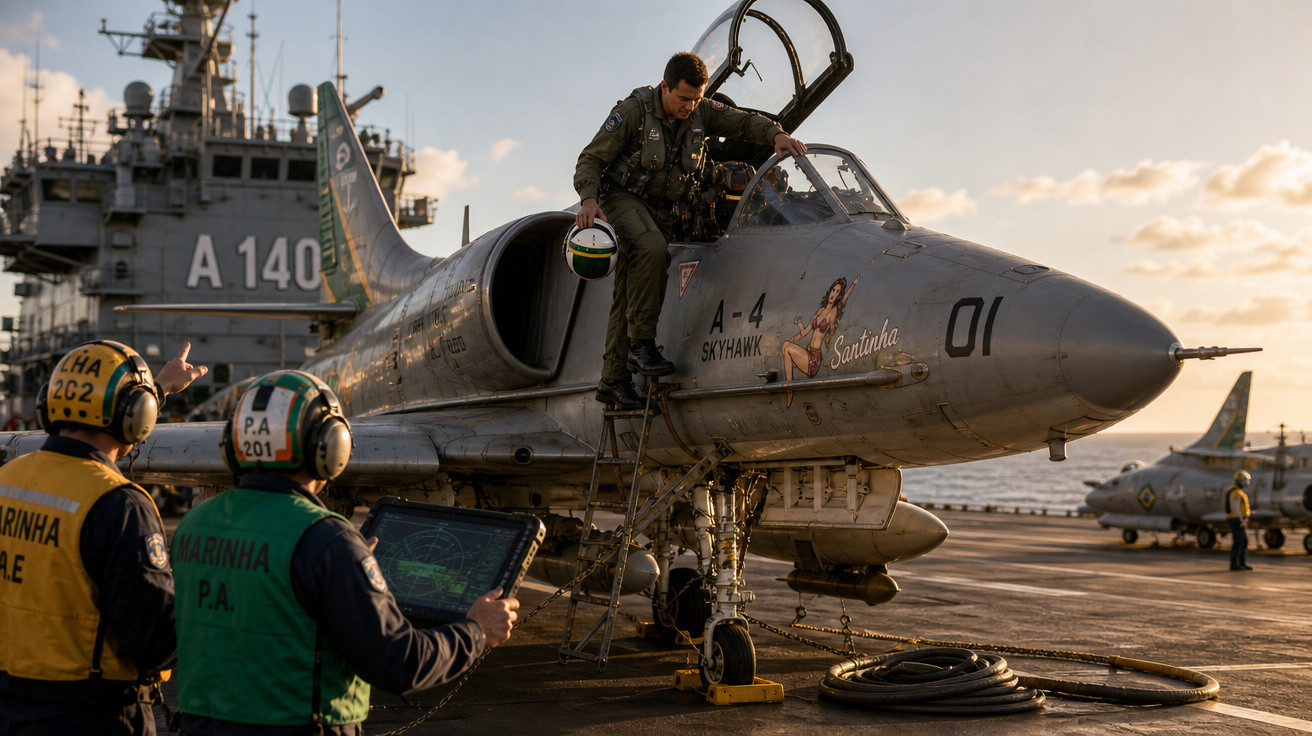 Piloto sobe em caça A-4 Skyhawk no convés de aeronave de guerra com equipe naval ao redor durante pôr do sol.