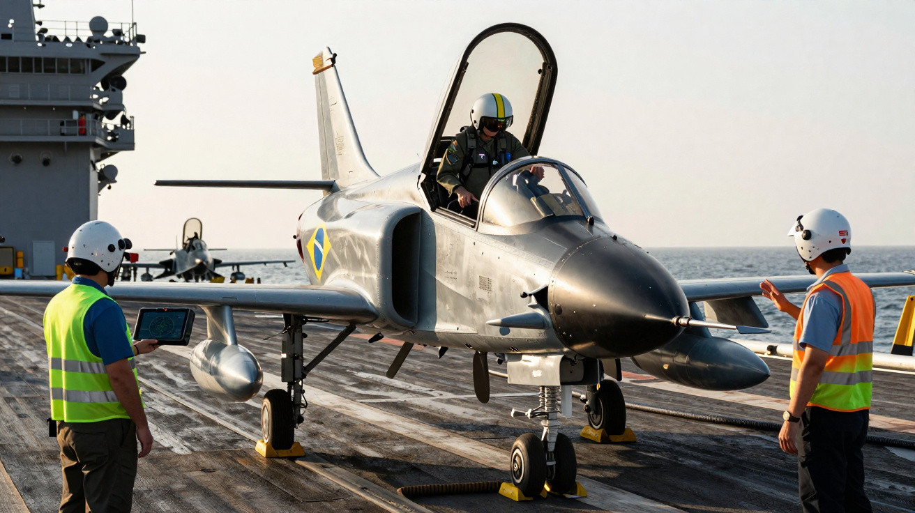 Avião militar no convés de porta-aviões com piloto e duas pessoas de colete refletivo e capacete.