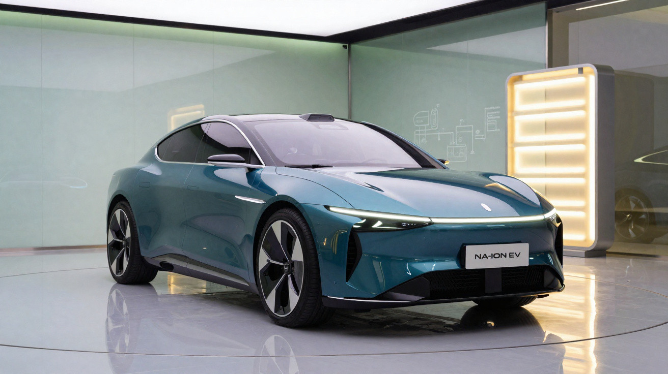 Carro elétrico esportivo azul metálico em exposição interna com design moderno e aerodinâmico.