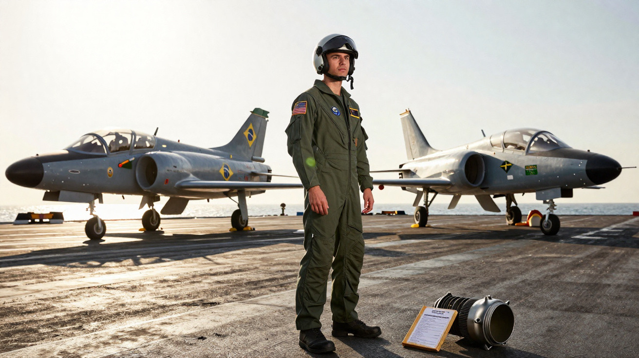 Piloto da Força Aérea Brasileira em pé no convés do porta-aviões com dois jatos A-4 Skyhawk ao fundo durante o pôr do sol.