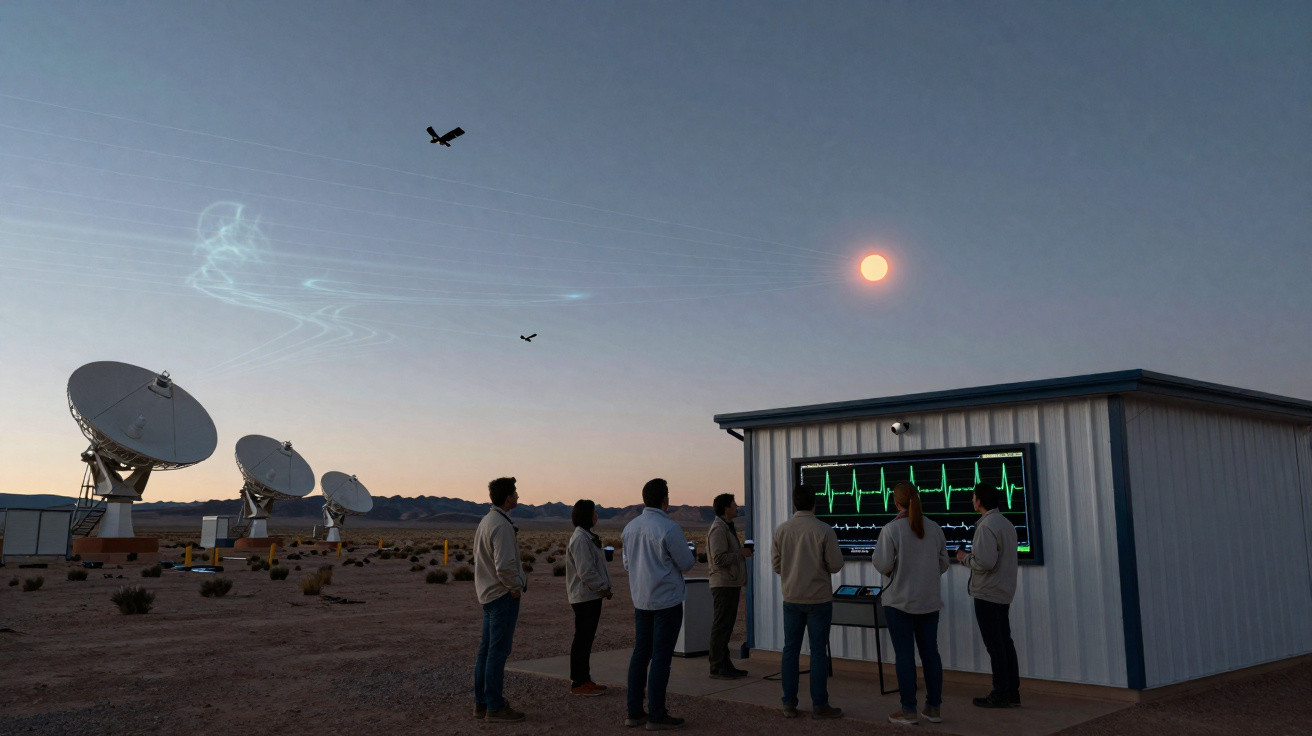 Grupo observa painel com sinais vitais ao ar livre perto de antenas parabólicas ao entardecer no deserto.