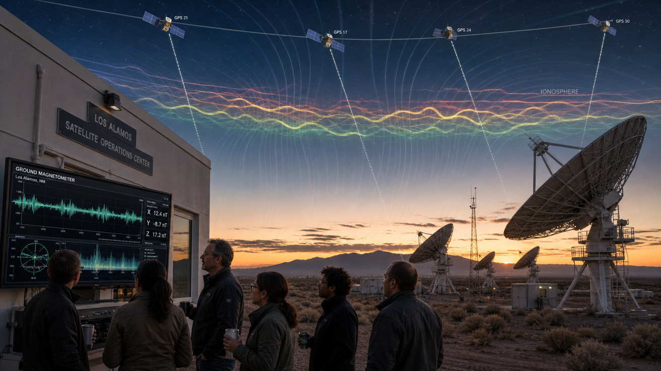 Cinco pessoas observam dados magnéticos no Los Alamos Satellite Operations Center com antenas parabólicas e satélites GPS ao 