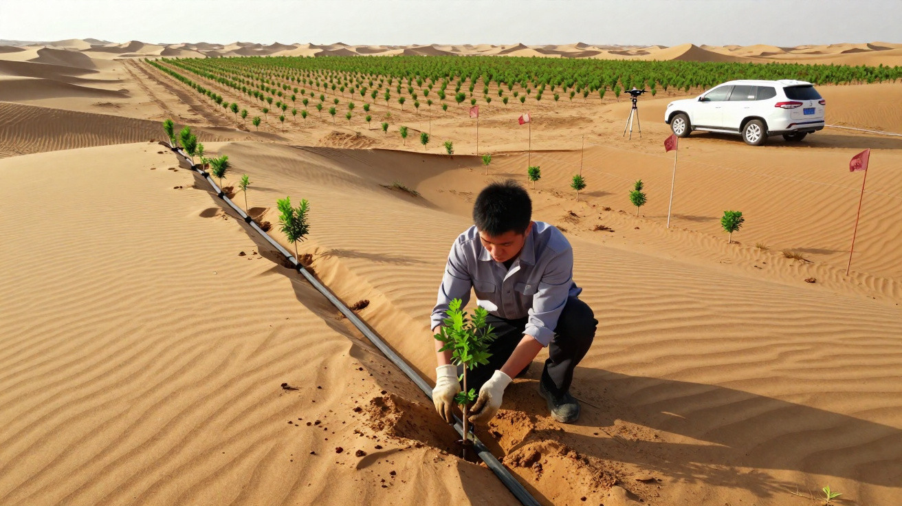 Homem planta muda próxima a sistema de irrigação no deserto com fileiras de pequenas árvores ao fundo.