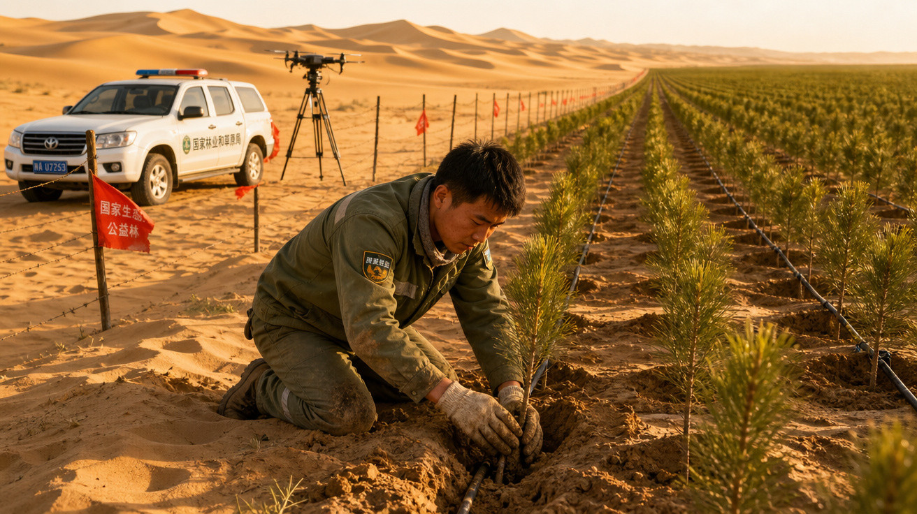 Homem planta árvores jovens no deserto com fileiras de mudas e veículo oficial ao fundo.