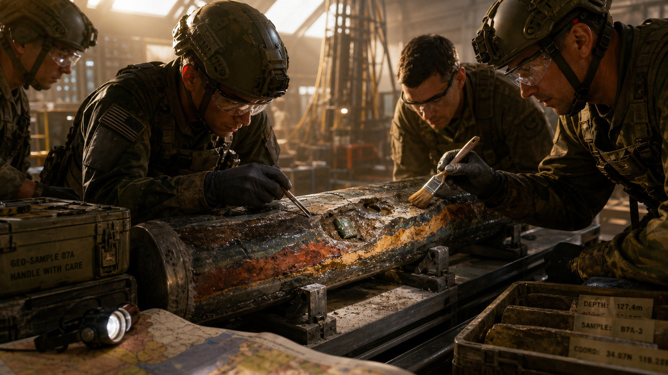 Quatro soldados militares analisam e limpam um grande artefato enferrujado em ambiente industrial iluminado.