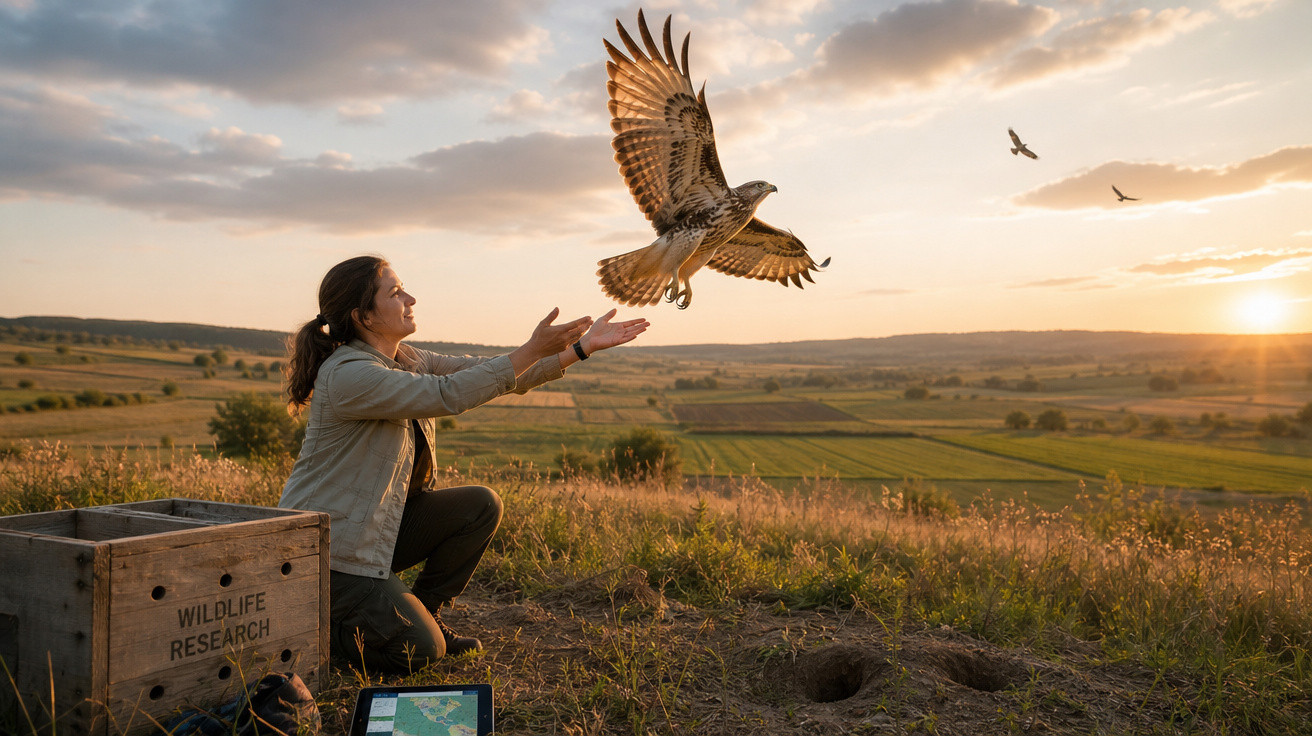 Mulher solta falcão em área rural ao pôr do sol durante trabalho de pesquisa da vida selvagem.