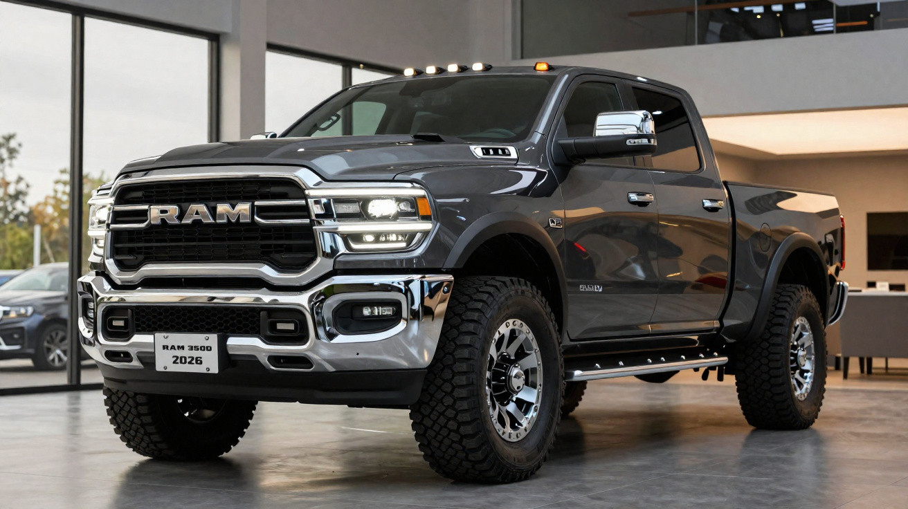 Picape RAM 3500 2026 cinza estacionada em ambiente interno moderno com iluminação natural.