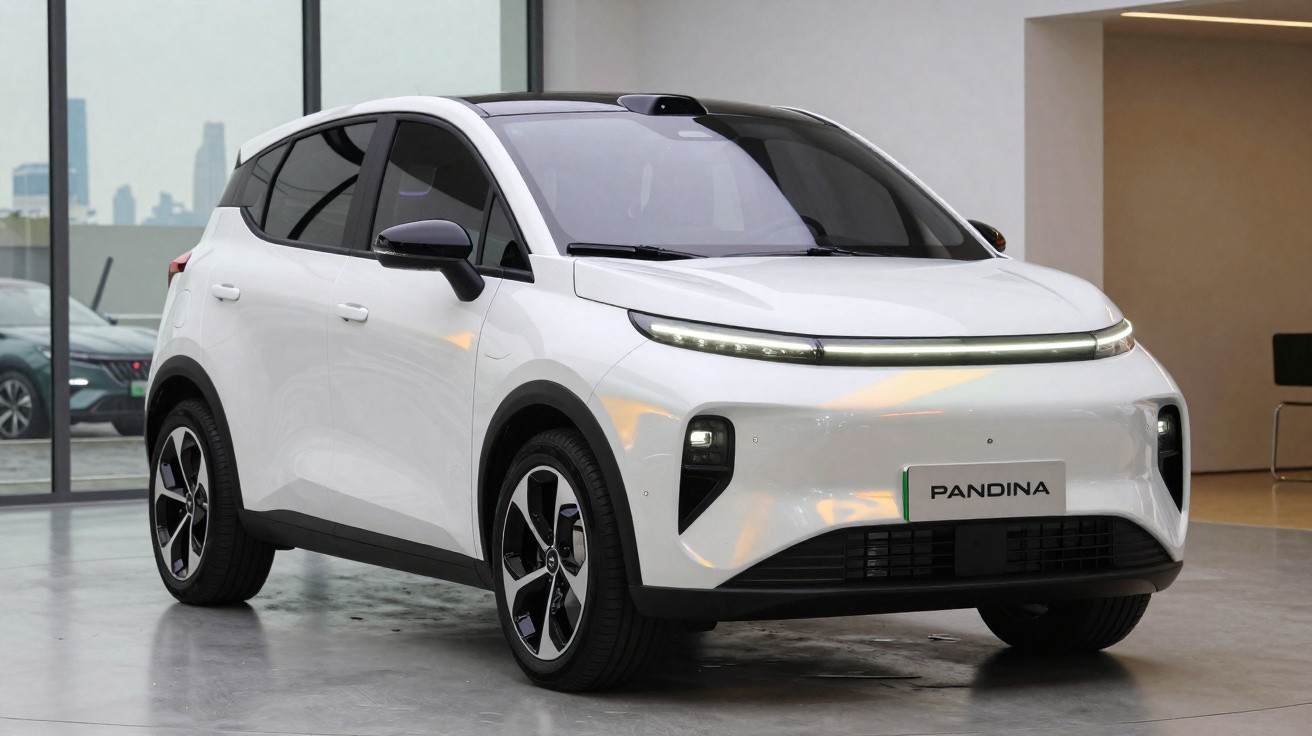 Carro elétrico branco modelo Panda, estilo SUV compacto, em ambiente interno moderno e bem iluminado.