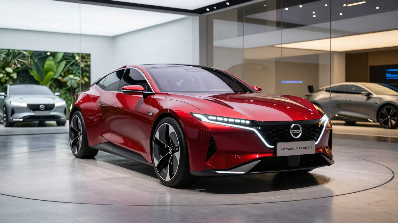 Carro elétrico esportivo vermelho Nissan Ariya exibido em showroom moderno com iluminação indireta.