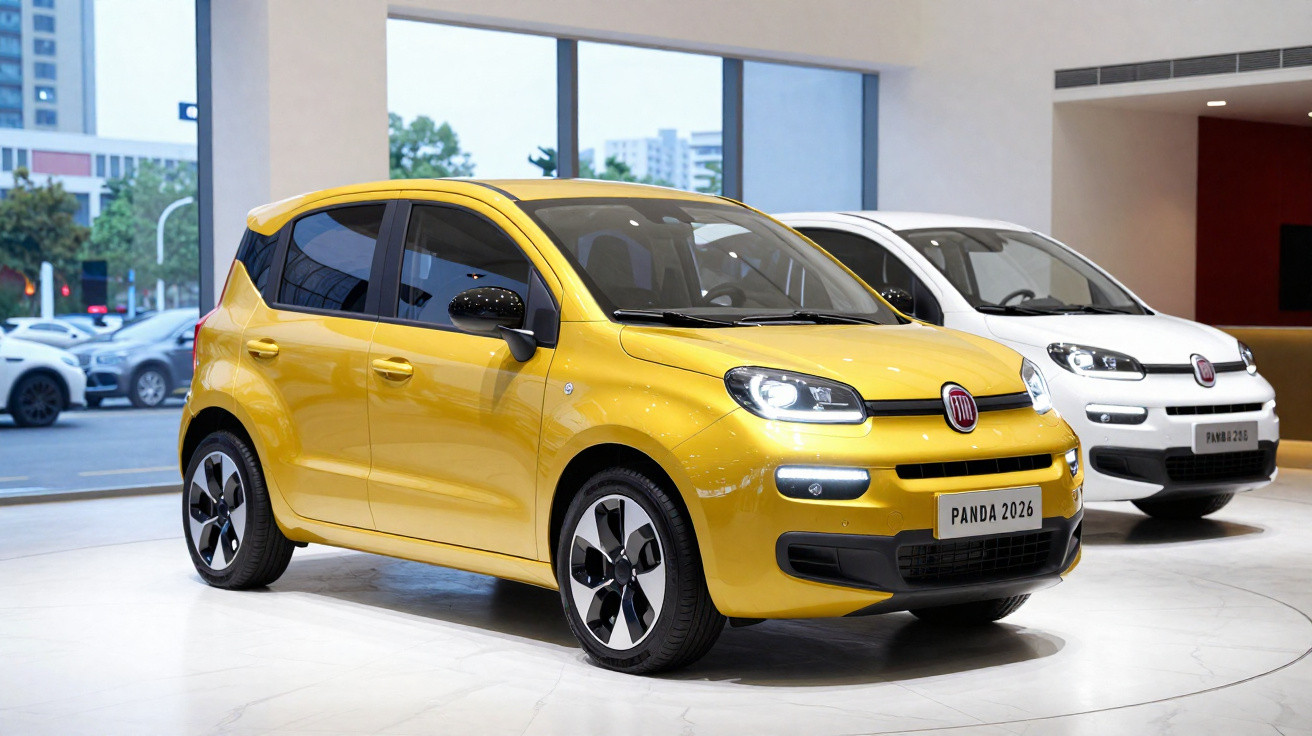 Dois carros Fiat Panda 2026, um amarelo em primeiro plano e um branco ao fundo, exibidos em showroom moderno.