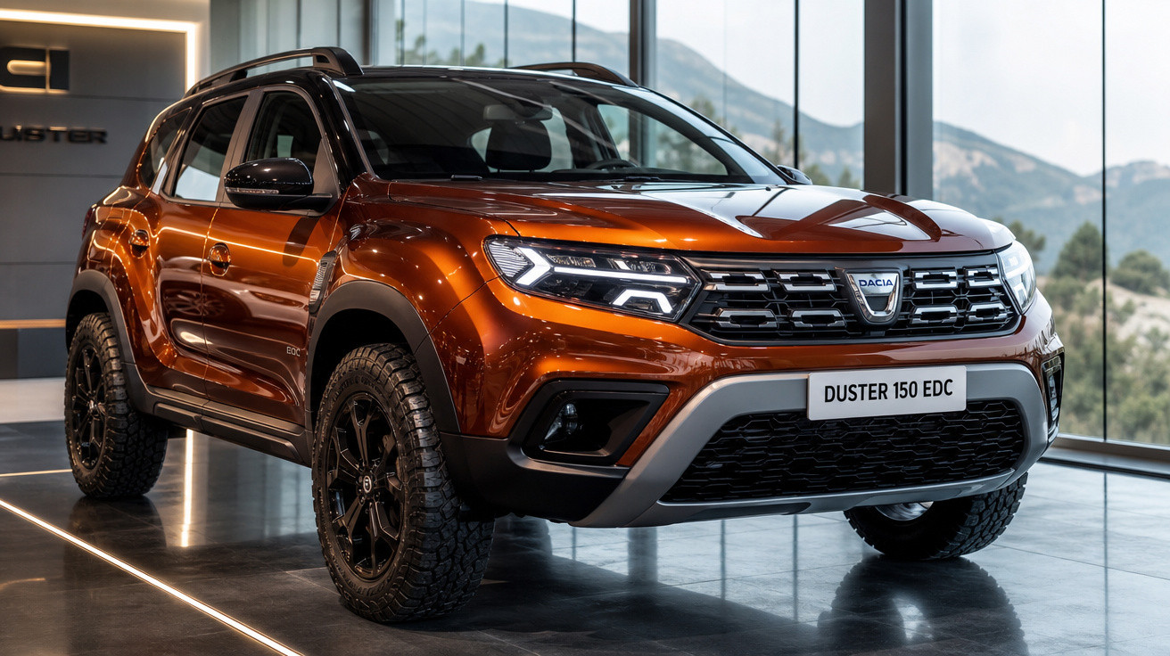 SUV Dacia Duster 150 EDC laranja metálico em exposição em showroom com janelas e vista de montanhas.