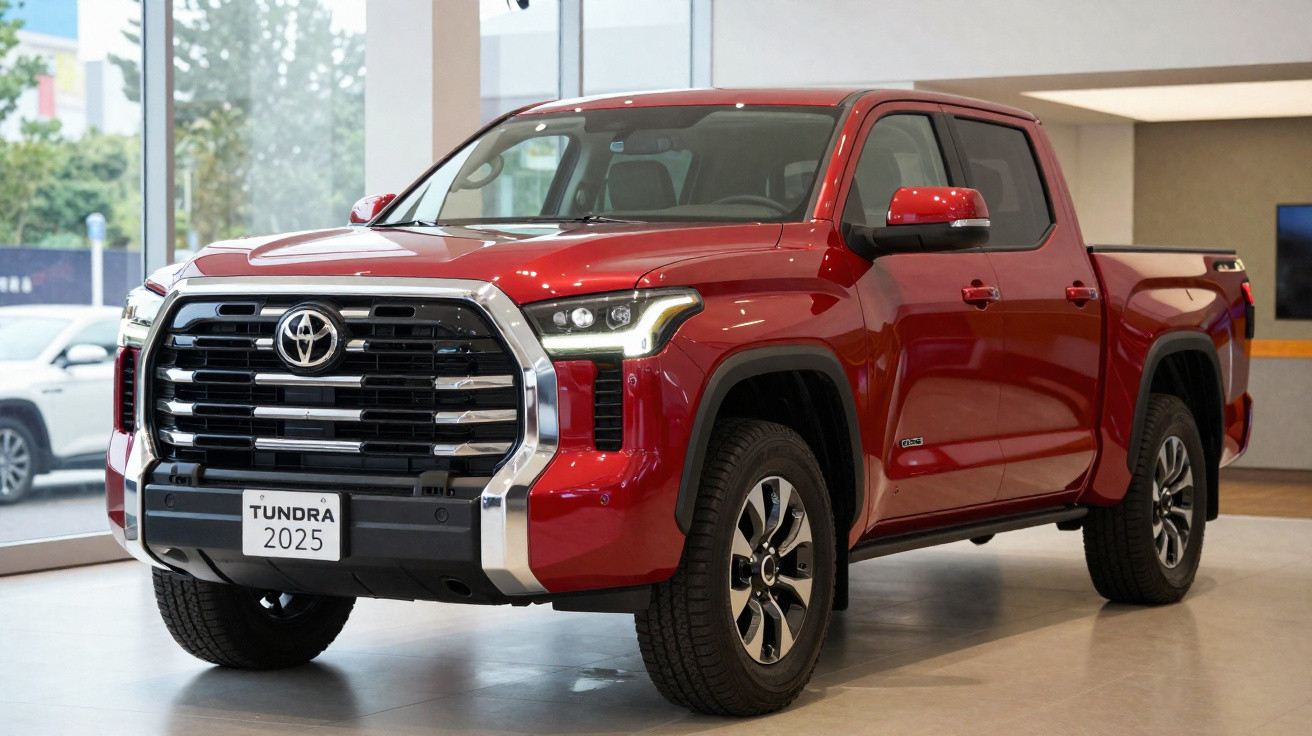 Picape Toyota Tundra 2025 vermelha exposta em showroom luminoso.