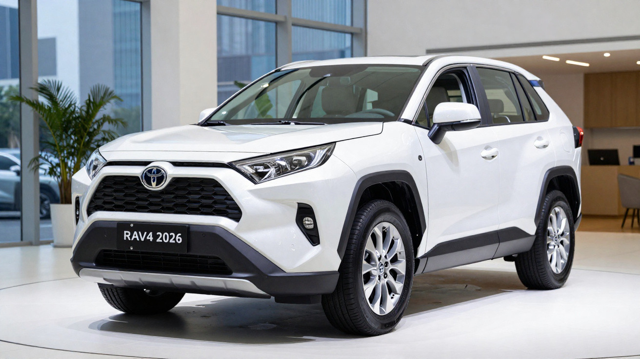 SUV branco Toyota RAV4 2026 exposto em salão moderno com iluminação natural e plantas ao fundo.