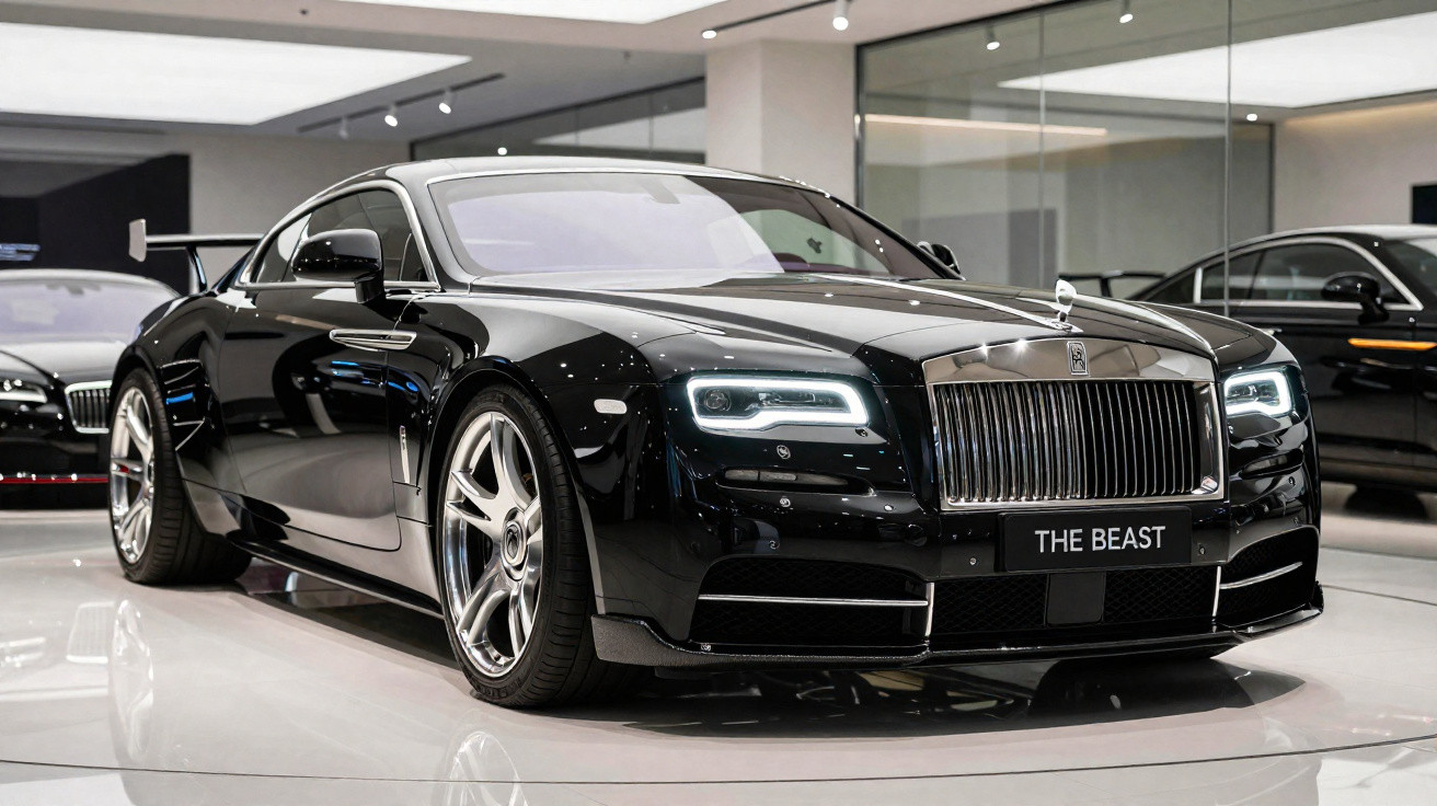 Carro esporte de luxo preto Rolls-Royce com placa "THE BEAST" em showroom moderno e iluminado.
